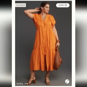 Anthropologie Reneé Flutter-Sleeve Linen Button-Front Midi Dress